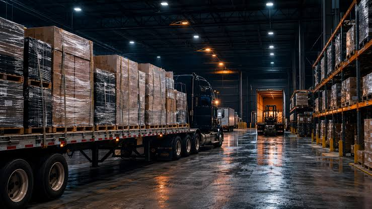 LTL freight shipping truck loaded with liquidation pallets in a wholesale warehouse